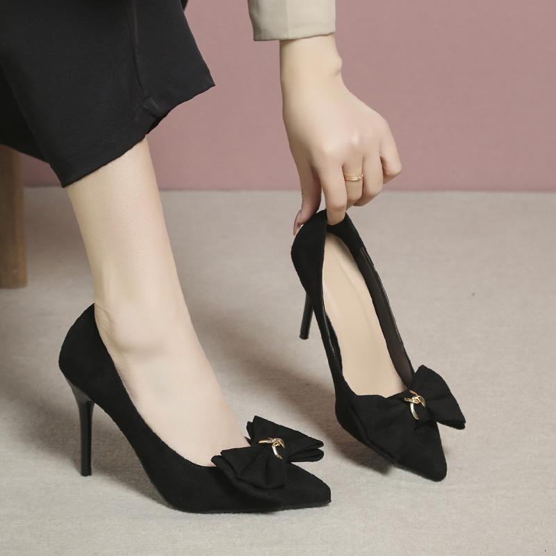 Black High Heels, Slim Heels, 2025 New Suede Pointed Temperament Women's Shoes, Rhinestone French Style Girls' Single Shoes