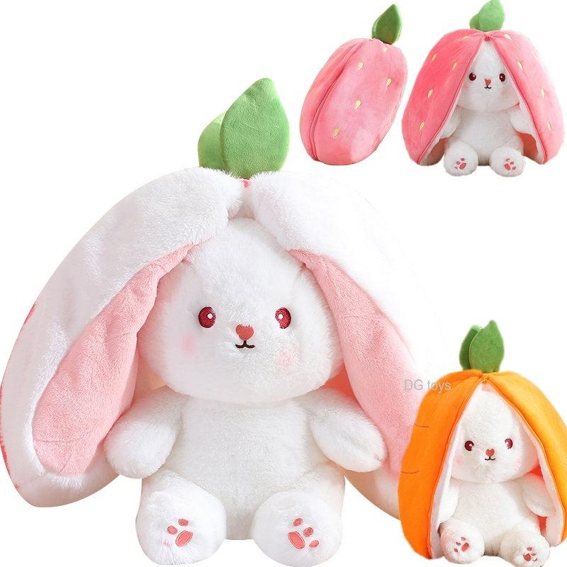 Creative Funny Peek A Boo Carrot Rabbit Plush Toy Stuffed Bunny Hiding In Strawberry Bag Toys for Kids Birthday Gift