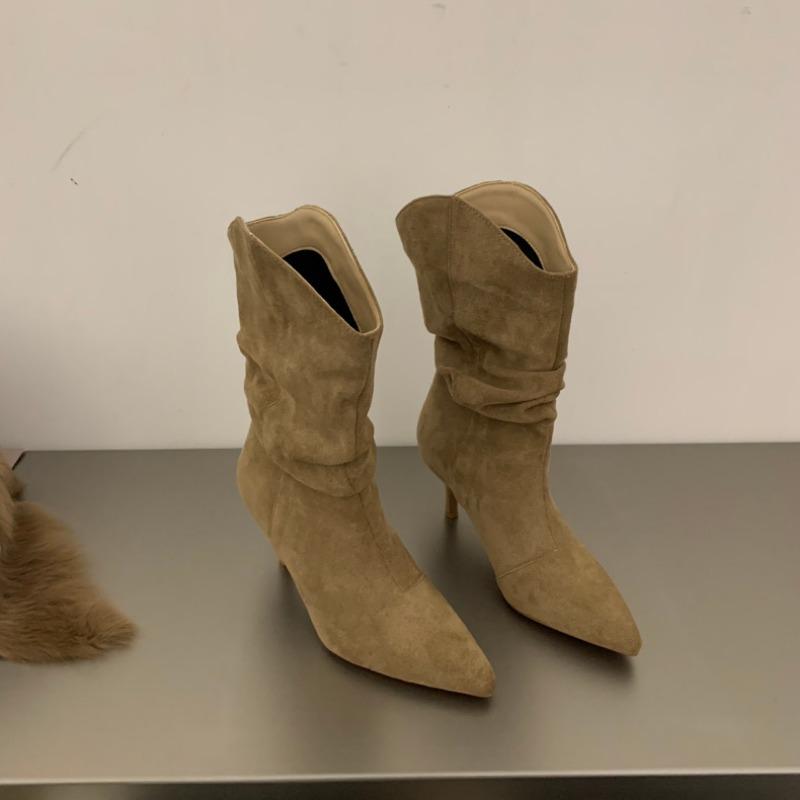 Vintage Pointed Toe Women Pleated Mid Calf Boots Fashion Slip on High Heels Shoes Autumn Winter Ladies Shoes