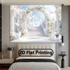 2D flat elegant paradise-themed 2D flat banner - ethereal white flower arches with roses and doves soft blue sky background