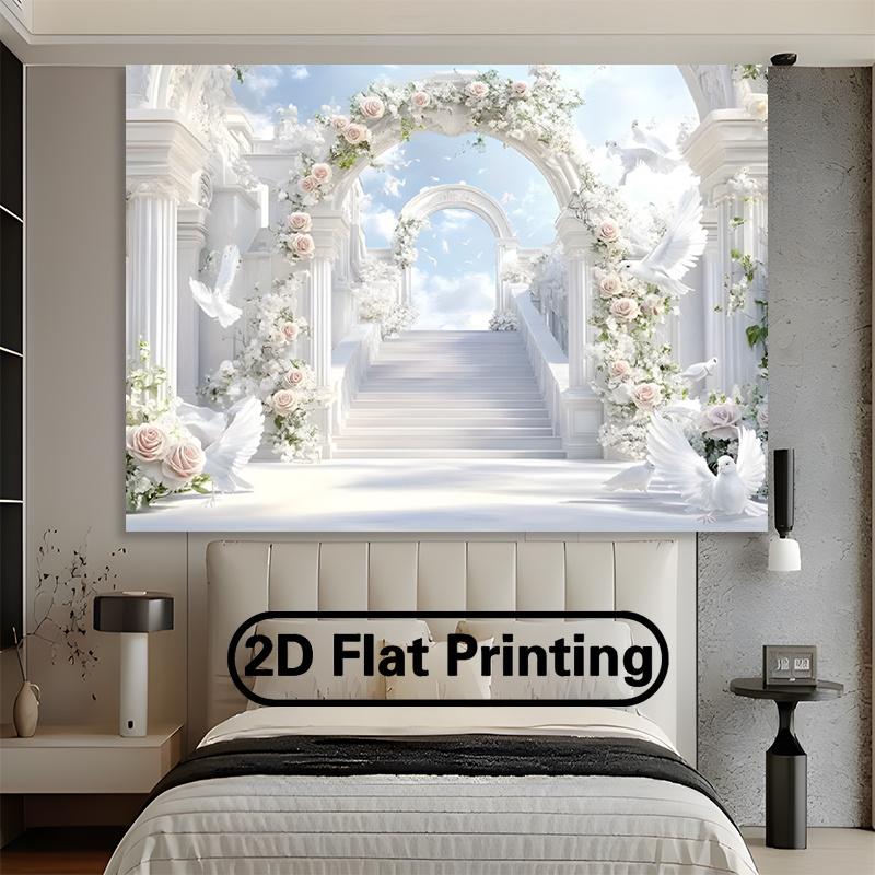 2D flat elegant paradise-themed 2D flat banner - ethereal white flower arches with roses and doves soft blue sky background