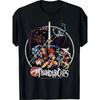 Black Thundercats T-Shirt with Circular Graphic, Featuring Iconic Characters Such As a Muscular Warrior Holding a Sword And Other Felines In Dynamic