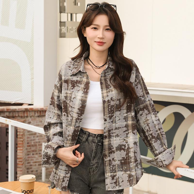 Loose Tie Dye Versatile Trendy Casual Top Shirts Jacket Spring and Autumn Checkered Long Sleeved Printed Women's Shirts