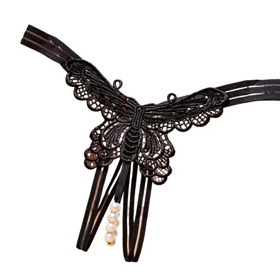 Sexy Hollow Out Butterflies Shape Thong Low-rise Massage Faux Pearls Crotch See-through Briefs Solid Color