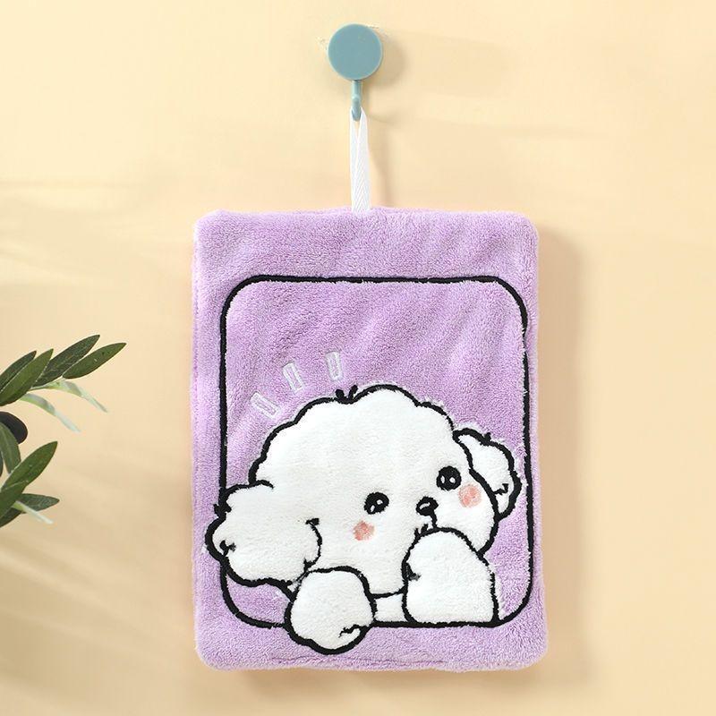 1Pcs Cartoon Kitchen Hanging Hand Towel Cute Little Dog Cloth Absorbent Quick Drying Thick Coral Fleece Soft Cute Towel
