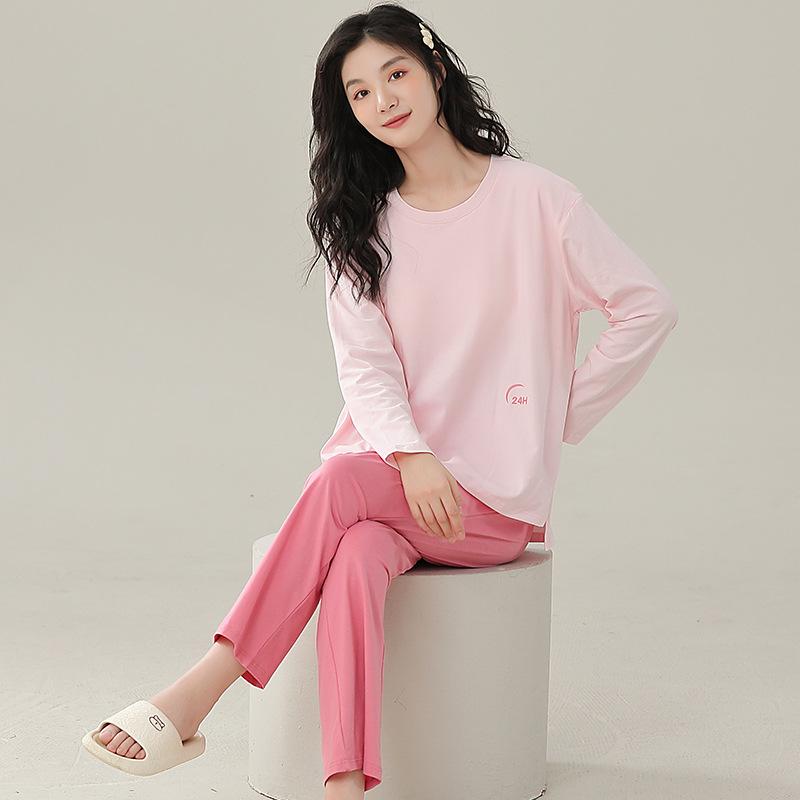Pajamas With Chest Pads Women'S Pure Cotton Long-Sleeved Round Neck Pullover Loungewear Can Be Worn Outside