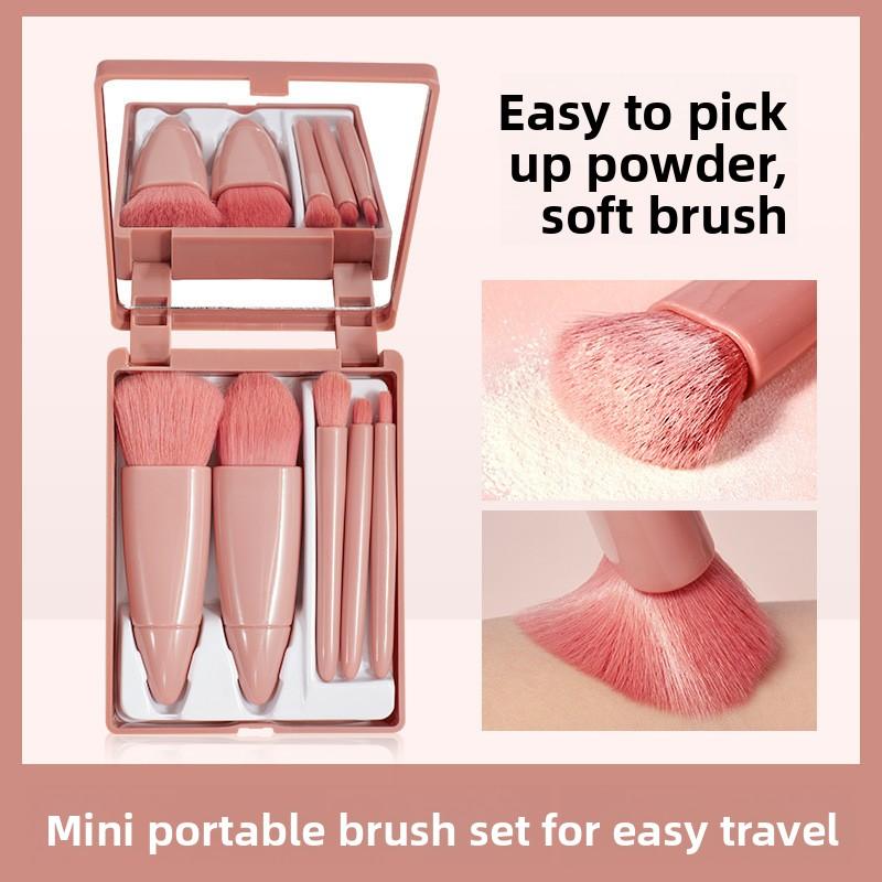 Mädchen Tragbares 5-teiliges Make-up Pinselset mit Spiegel, Weichborsten Puderpinsel, Foundationpinsel, Mini Multifunktional