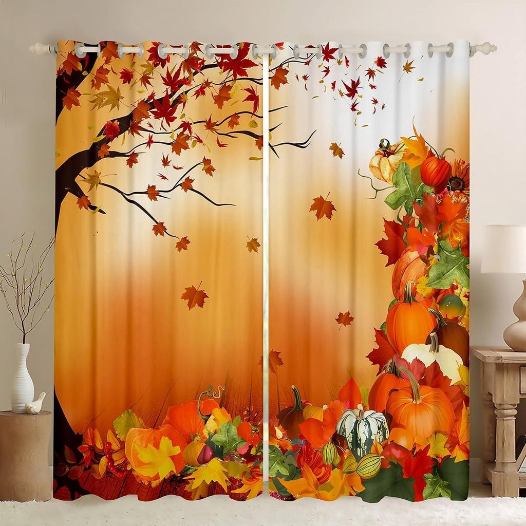 Herbst Kürbis Gardinen Vorhänge Halloween Thema Vorhänge Schlafzimmer Wohnzimmer Ahornblätter Festival Fensterdekorationen Polyester Waschbar Sitzfertig