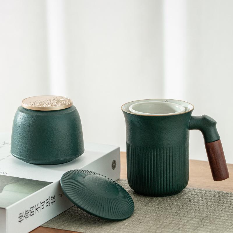 Office Wooden Handle Ceramic Water Cup Mug Chinese Tea Separation Tea Cup Gift