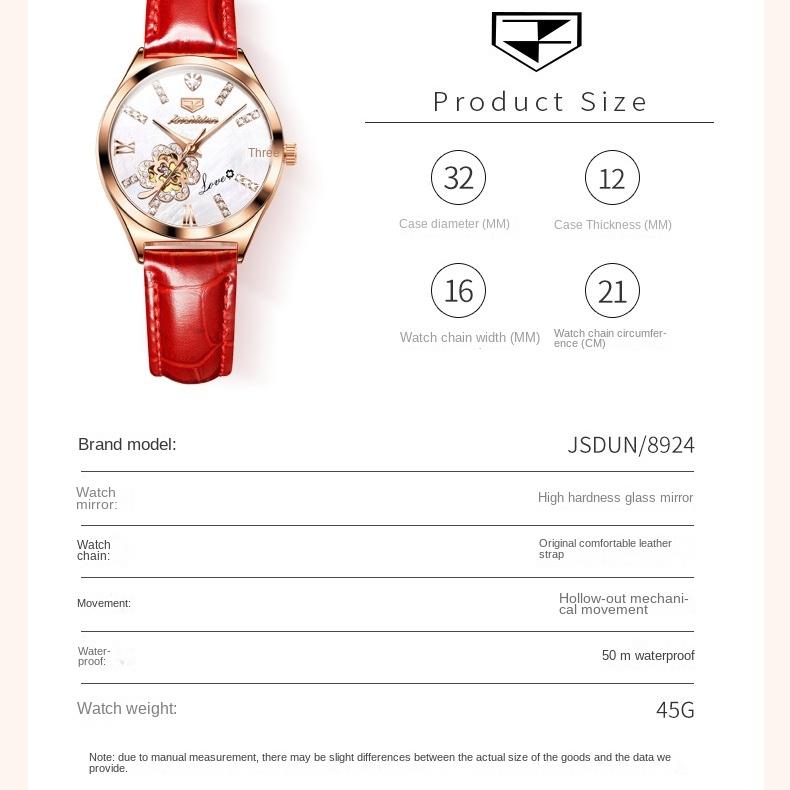 JINSHIDUN Brand Fashion Hollow Inlaid Diamond Four-leaf Clover Mechanical Watch Waterproof Women's Watch