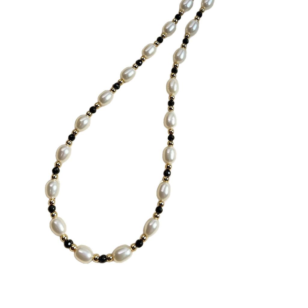 Black spinel natural freshwater pearl necklace 11K gold-wrapped light luxury niche high-end design collarbone chain female ins