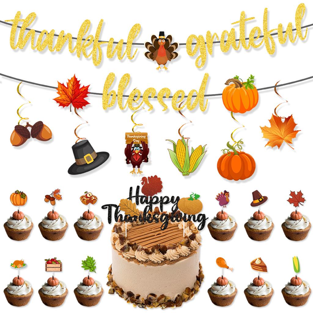 Thanksgiving Decoration Autumn Maple Leaf Pumpkin Flag Balloon Cake Card Set Customization
