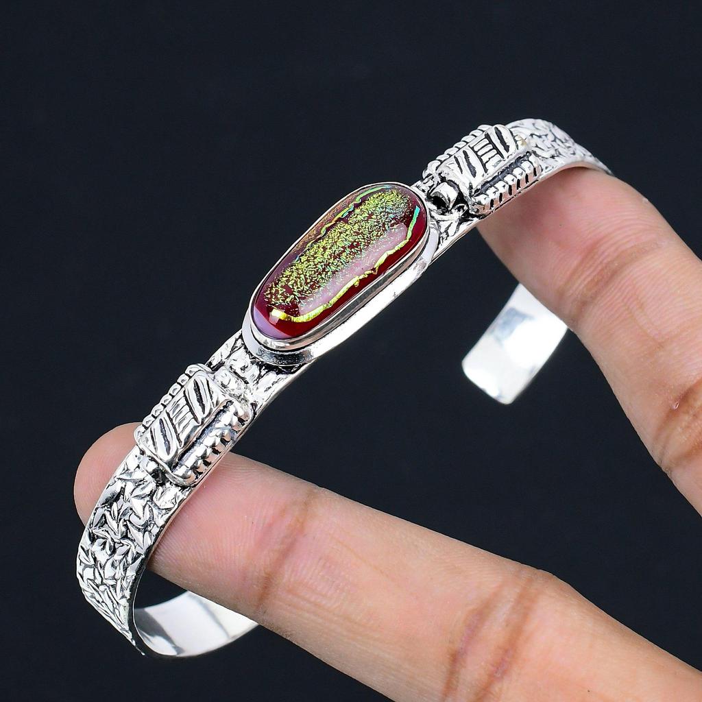 Natural American Dichroic Glass Gemstone 925 Silver Bangle Adjustable For Women