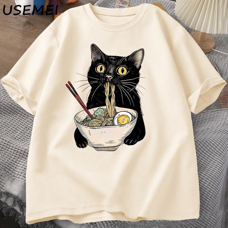Noodle Ramen Cat T-Shirt Foodie Lover T Shirts Black Cat Noodle T-Shirts Retro Casual Short Sleeve Tshirt for Women Clothes S