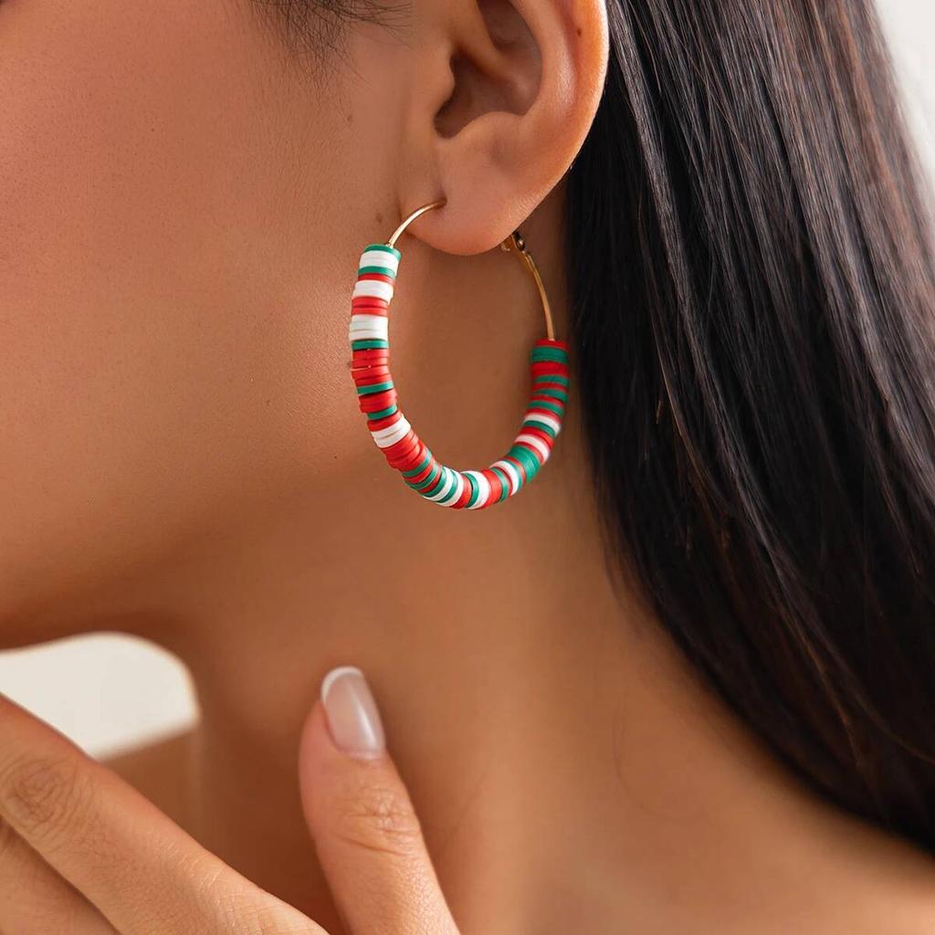 Salircon 10 Styles Romantic Cute Colorful Soft Pottery Hoop Earring Women Fashion Christmas Tree Snowman Series Ear Jewelry Gift