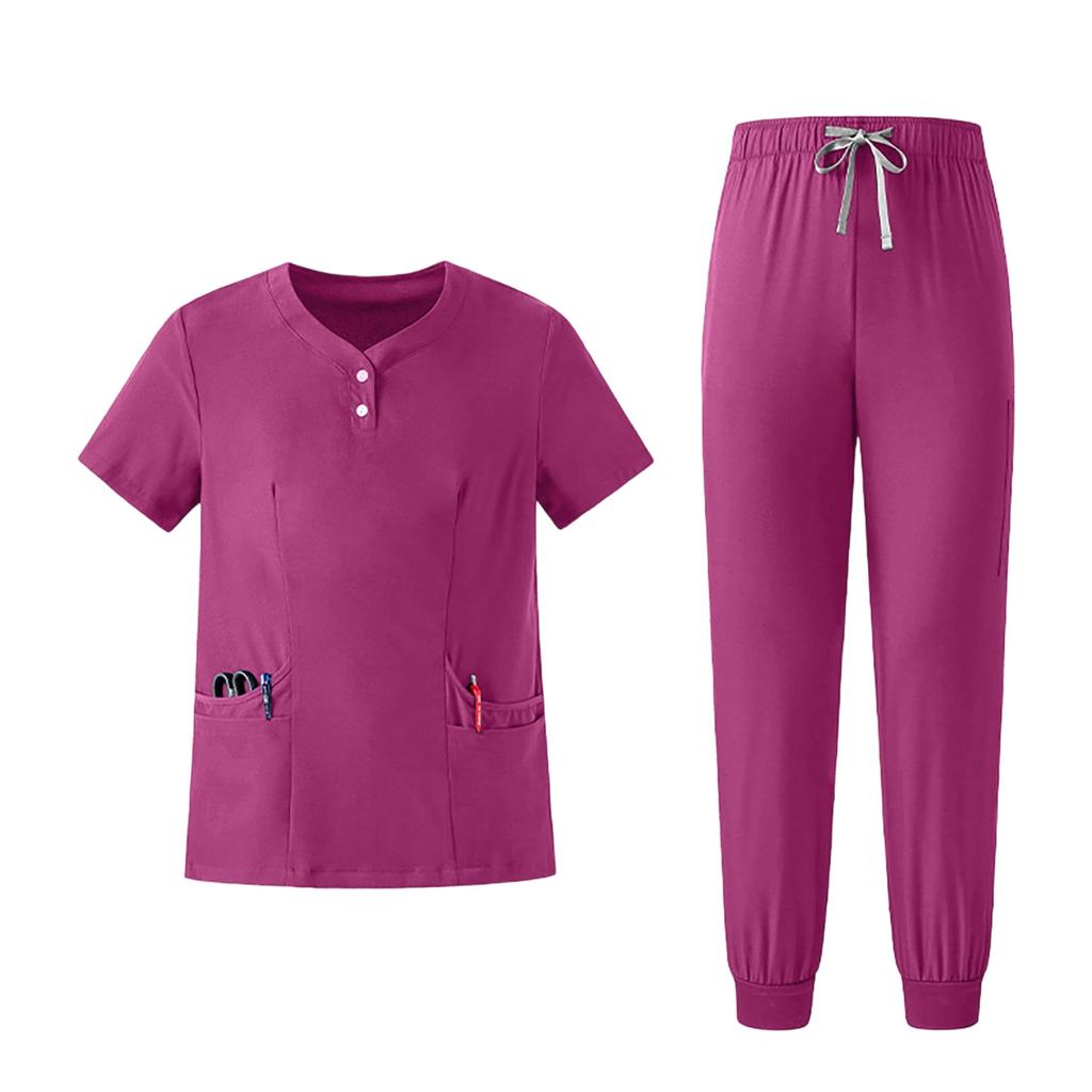 Women's Uniform Set Quick-Dry Color Short Sleeve Top and Pant with Pockets for Nurses and Caregivers