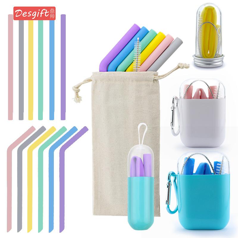 Food Grade Silicone Straw Set Color Reusable Folding Portable High Temperature Straw