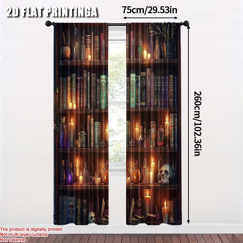 2pcs   Spring Summer Curtains Occult Bookshelf Magic Potions Candles Light Filtering Sheer Curtains Polyester Holiday for