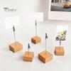 Desk Storage Accessory Wooden Cube Memo Clip Stand, Note Display Solid Wood Square Base Desktop Organizer Card Holder, Vertical Receipt Holder
