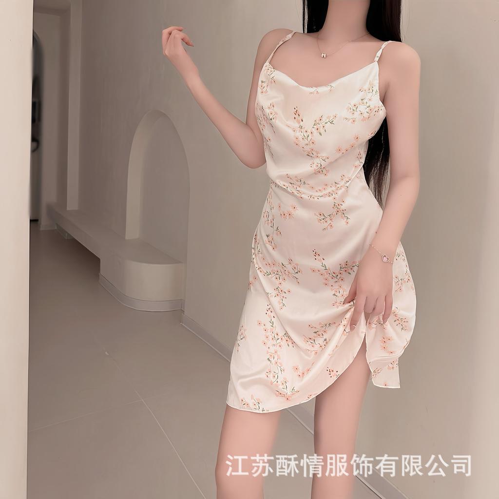 New sexy nightdress women's summer suspender ice silk ins print pure desire plum blossom suspender nightdress