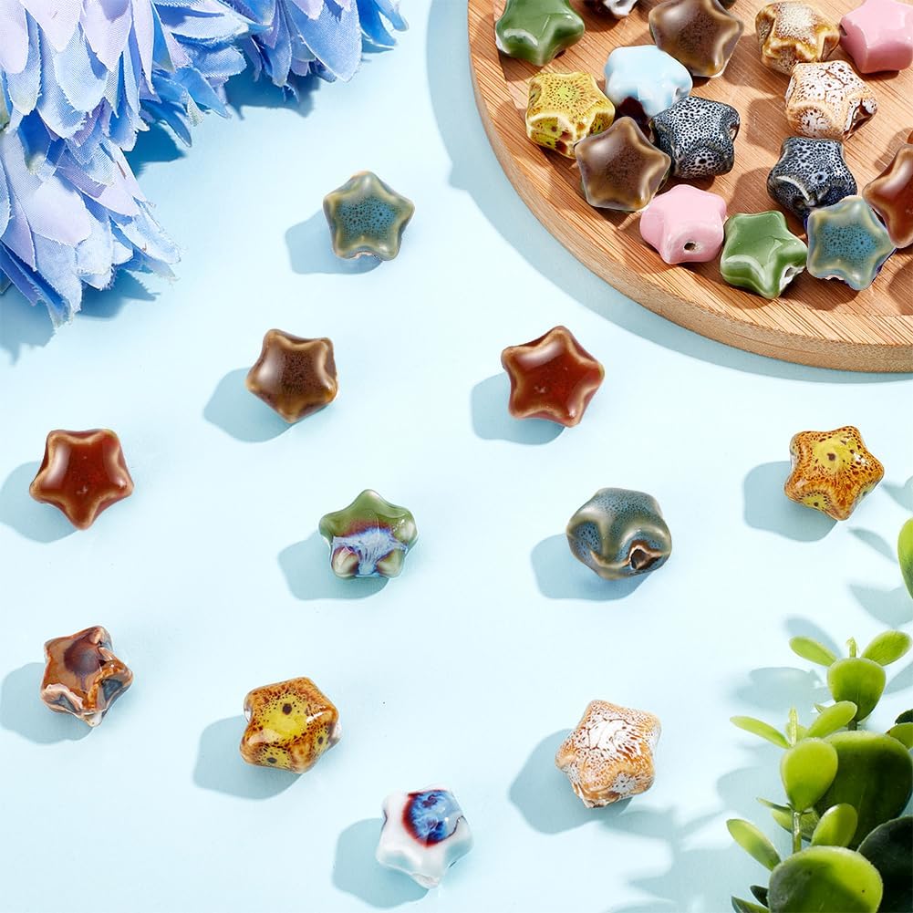 arricraft 40 Pcs Ceramic Handmade Beads, Fancy Antique Glazed Ceramic Star Spacer Beads Kit Pentagram Bead Charm Pendant for Necklace Bracelet