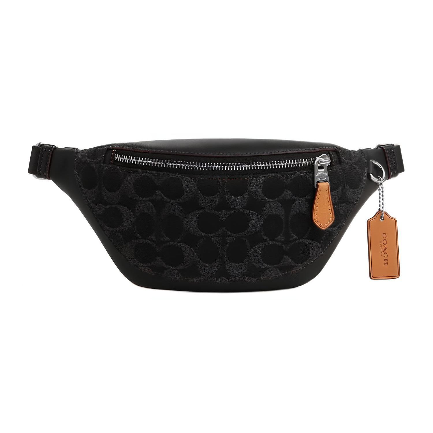 

Coach Black Signature Canvas Leather Trim Large Belt Bag Fanny Pack for Daily Use Basic Set (Bag+Dust Bag)