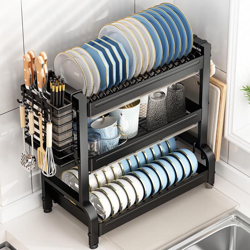 Three-Layer Black Countertop Dish Drainer Rack with Utensil Holders