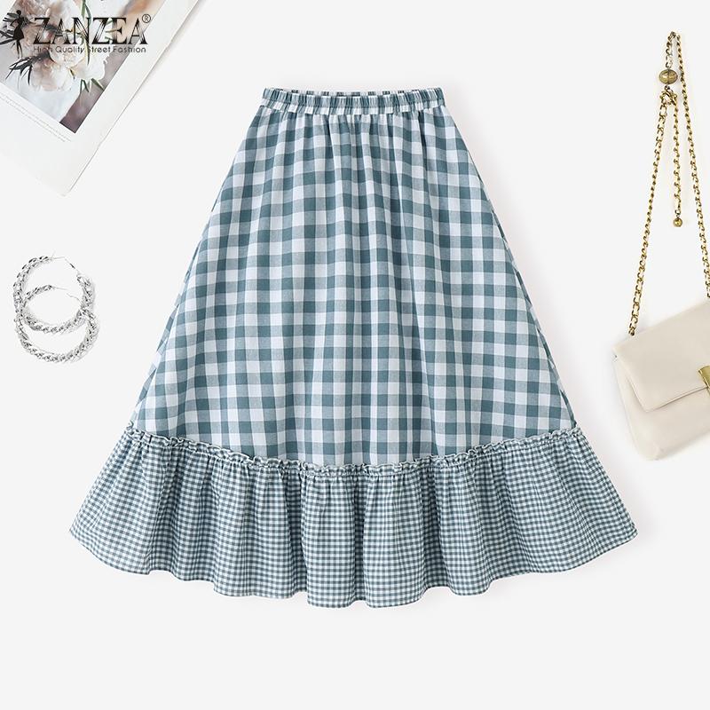 ZANZEA Falda Plaid Casual para Mujer con Cintura Elástica, Volantes y Corte Holgado en A