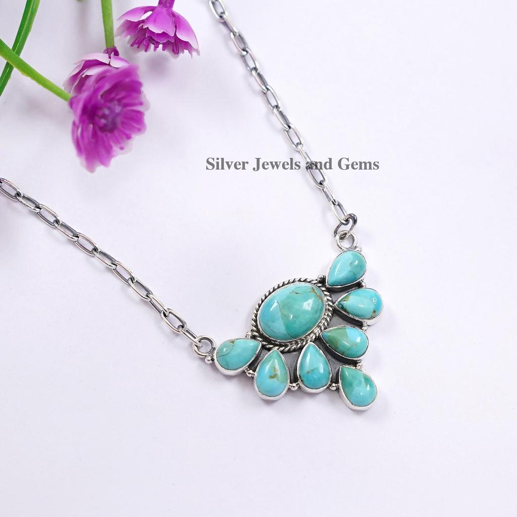 Natural Turquoise Necklace, Paper Clip Chain Half Circle Necklace, 925 Sterling Silver Necklace, Multi Stone Necklace, Gift for Friends