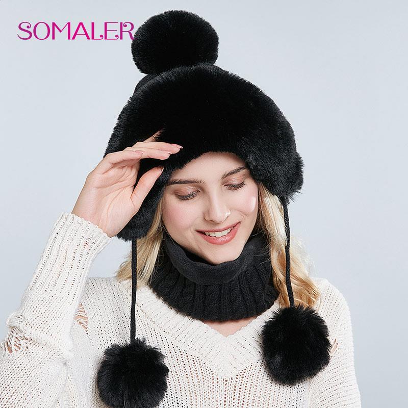 SOMALER Women Bomber Hat Scarf Set for Winter Faux Rabbit Fur Cap Snug Lined Earmuff Beanie for Girl