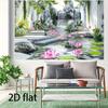 Elegante Chinesische Gartendekoration Seerosenteich mit Wasserfall, Grünpflanzen und Steintreppen Party Hintergrund Banner