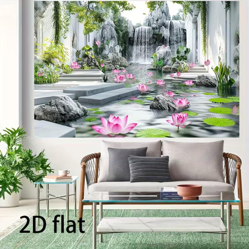 Elegante Chinesische Gartendekoration Seerosenteich mit Wasserfall, Grünpflanzen und Steintreppen Party Hintergrund Banner