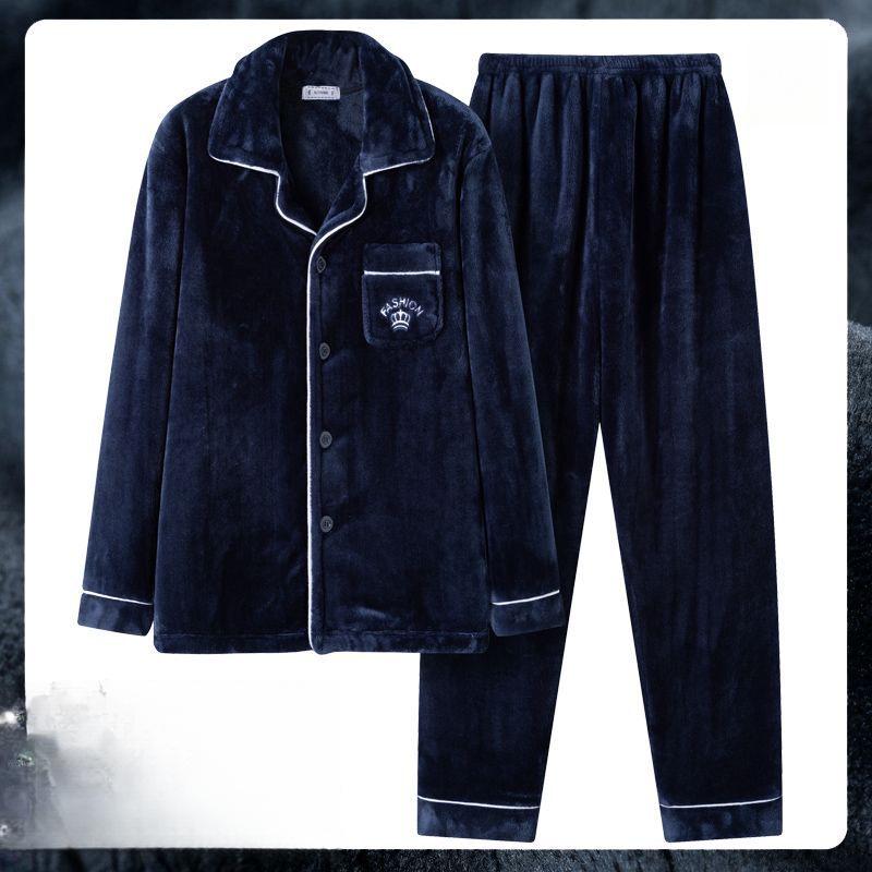 Men's Coral Fleece Velvet Pajamas Set - Thick, Warm, Long-Sleeved Flannel for Autumn and Winter