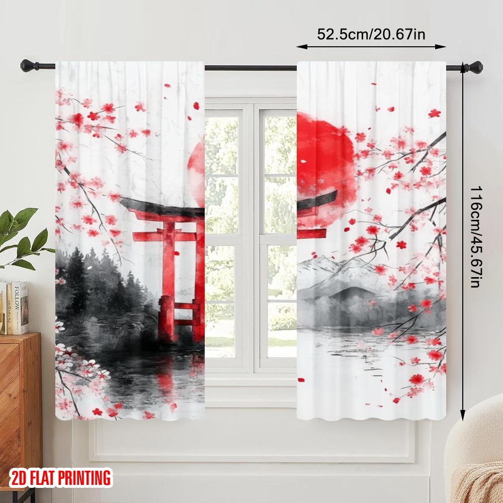 2pcs,2D Plane Printing Window Curtain Cherry Gate Sunrise Polyester (without Rod) Festive Ldeal for Bedroom, Living Room