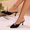 Sexy Close Toe Sandals Women 2025 Summer Gold Metal Decoration Pointed Toe Sandals Mules Women Black Suede High Heels Slippers