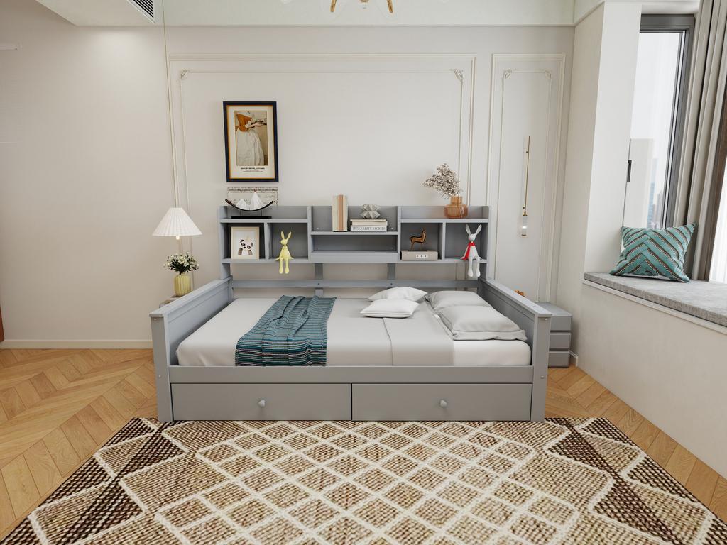 Schlafsofa 90x200, Schubladen und Regale, Lattenrost, Kinderbett, Jugendbett, Einzelbett, Massivholzbett Grau
