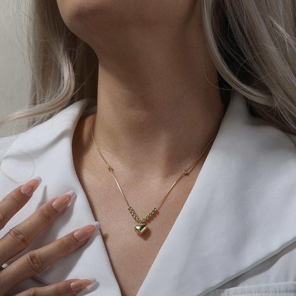 Real Silver Gold Plated Heart Pendant Necklace With Dainty Snake Chain Sparkling Beads Strand Gift