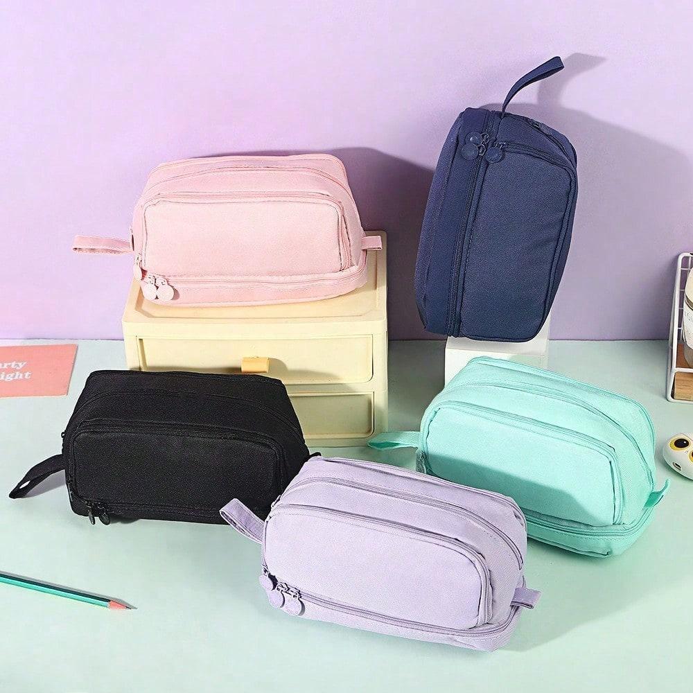 Double-layer Double-window Pencil Bag, Solid Color, Simple Multi-function, Large-capacity Storage Bag, Dirt-resistant Stationery Storage Bag