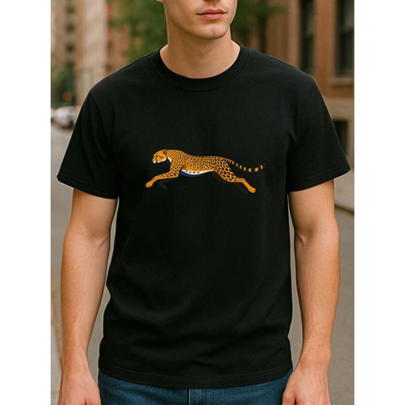 European Sizes Cheetah Print Men'S T-shirt | All-season Casual, Loose Fit, Crew Neck, Short Sleeve, Medium Stretch Fabric