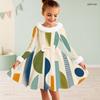 Girls Faux Fur Trim High Neck Long Sleeve Geometric Printed A Line Flared Dress