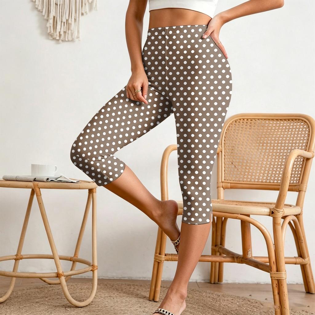 Women’s Elastic Waist Slim Fit Split Hem Capri Pants Casual Polka Dot Print Relaxed Style Lightweight Fabric