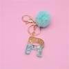 26 Initials Letter Key Pendant With Green Fluffy Pompom Fashion Girls Handbag Glitter Gradient Resin Alphabet Keychain Charms