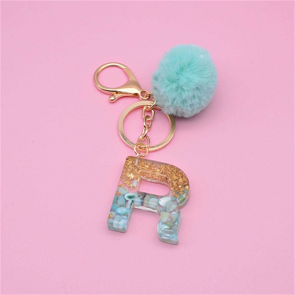 26 inicjały litera klucz wisiorek z zielonym puszystym pomponem moda dziewczęca torebka brokat gradientowa żywica alfabet brelok Charms