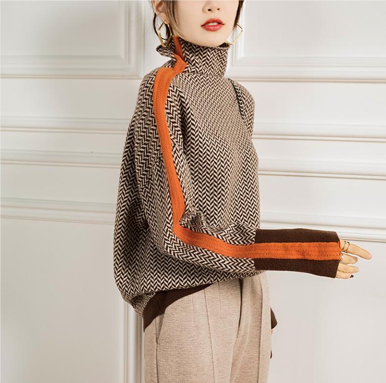 Winter Women's Turtleneck Sweater Warm Pullover Commuter Elegant Loose Casual Women's Retro Contrast Color