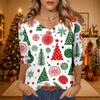 Women's Christmas Print V-Neck Three-Quarter Sleeve Casual Loose Fit Shirt