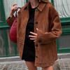 Women's Turn Down Collar Long Sleeve Regular Fit Vintage Short Single Breasted Suede Jacket Casual Outerwear