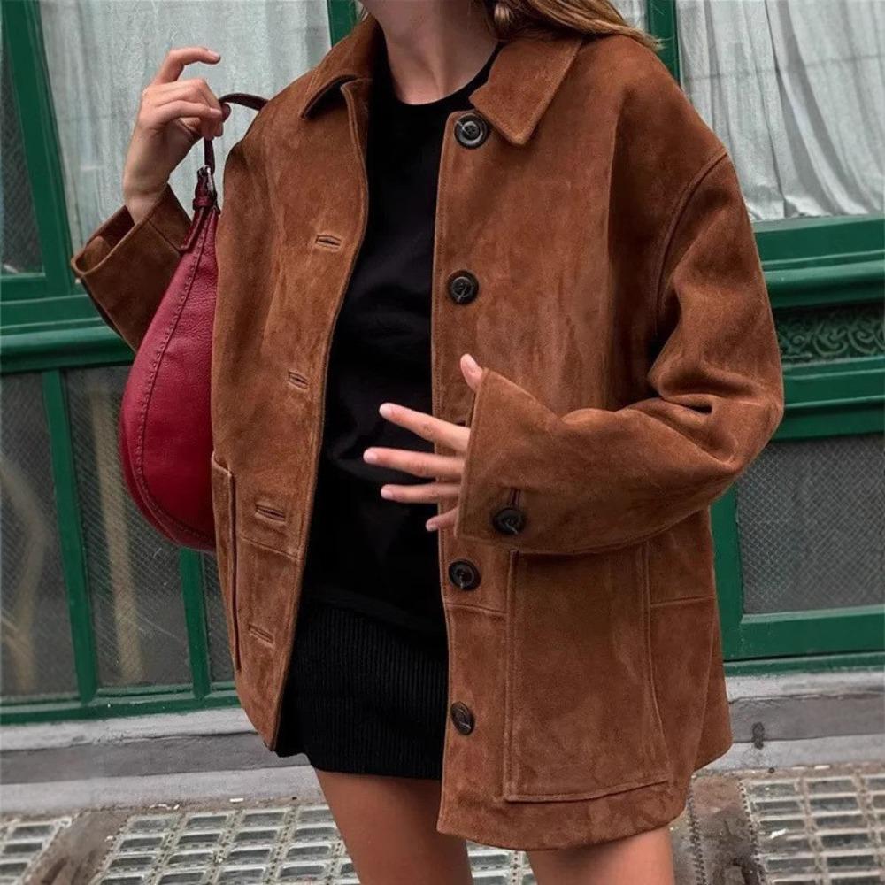 Women's Turn Down Collar Long Sleeve Regular Fit Vintage Short Single Breasted Suede Jacket Casual Outerwear