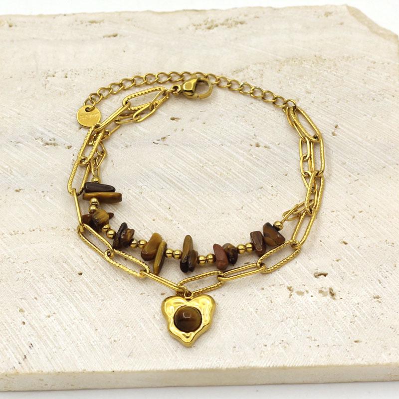 Gold Plated Stainless Steel Tiger Eye & Crushed Stone Beaded Bracelet for Women - Retro Luxury Jewelry