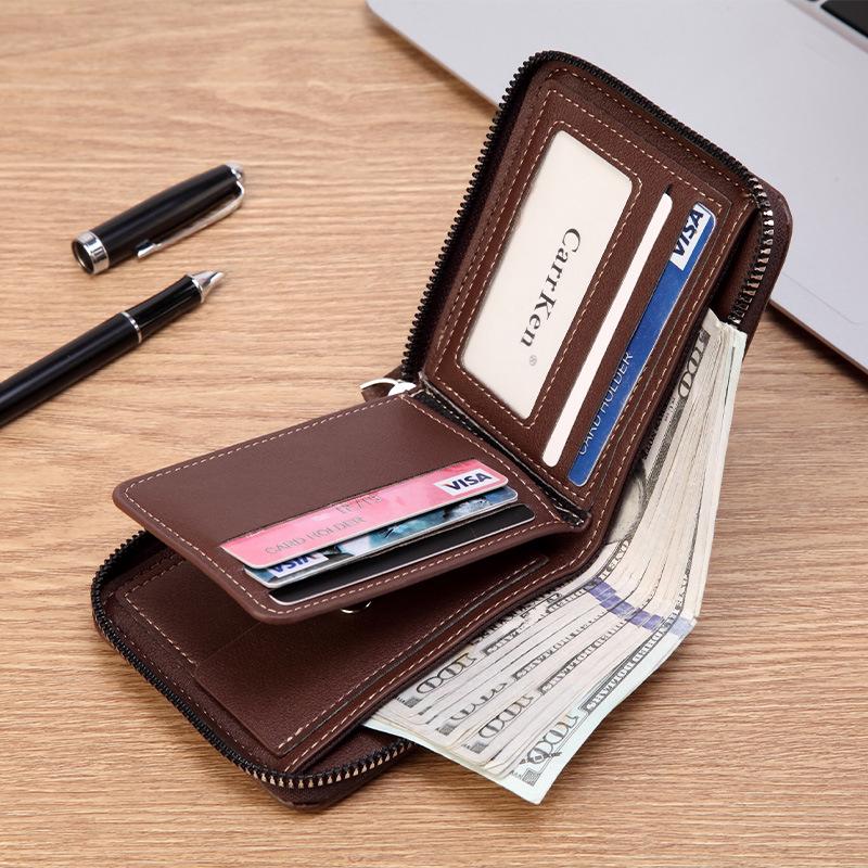 Korean Style Men's Retro Short Wallet - Patchwork Card Holder with Zippered Coin Purse and Driver's License Document Bag.