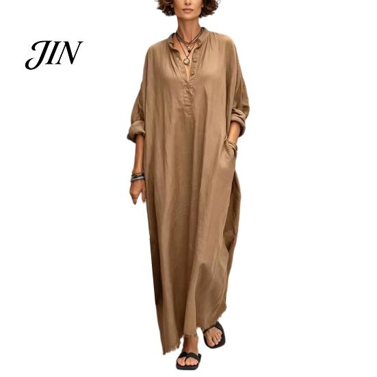Women Summer Party Dress Maxi for Women, V-Neck Casual Oversized Boho Long Comfortable Daily Wear Dress, Sleeve Button Up Vacation Sundress